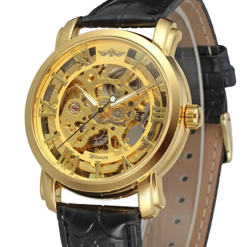 

T-WINNER WATCH golden Roman Numerals golden pointer digital dial black leather strap men's automatic watch