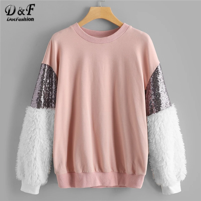 Dotfashion разноцветное контрастное платье из искусственного меха с длинным рукавом Толстовка Для женщин Повседневное осень с длинным рукавом женские пуловеры в консервативном стиле; свитер