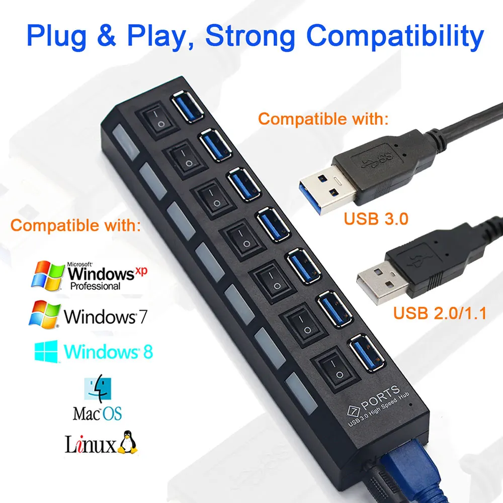 Usb-хаб 3 0 высокоскоростной 4 7 портов USB концентратор с адаптером питания EU/US/UK