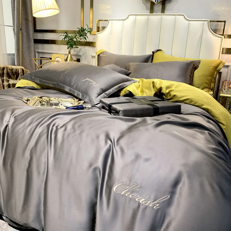 Белый фиолетовый розовый серый роскошный удобный 100S Tencel Шелковый набор постельного белья с вышивкой пододеяльник кровать застежки для простыни льняной чехол для подушки