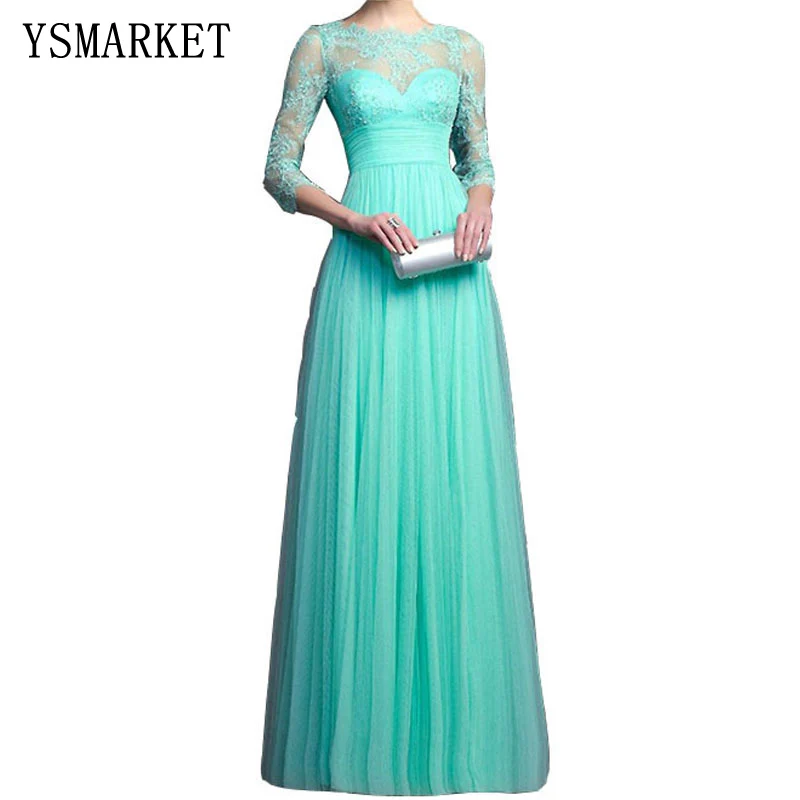 Кружевная деталь аппликации Сплит спереди вечерние платья Элегантное Длинное