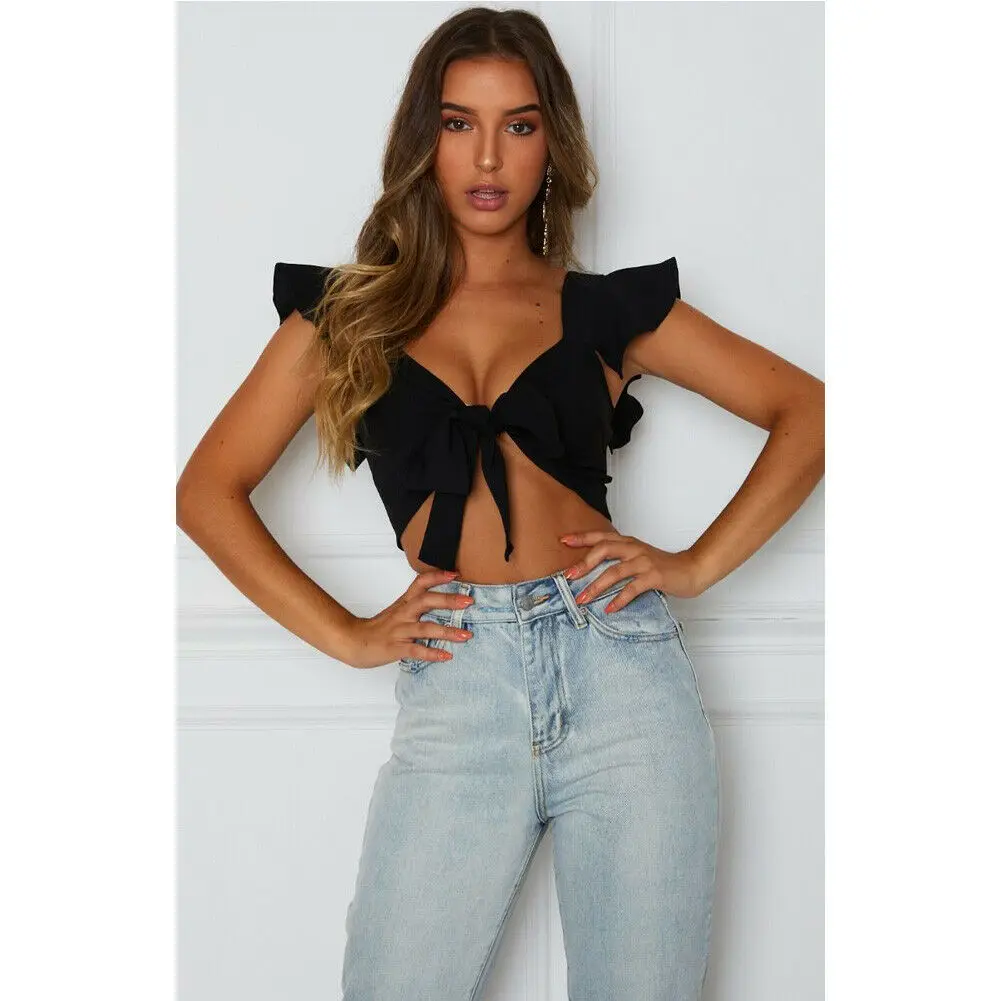 

Women Stash Vest V-neck New Ladies Ruffle Summer Bandage Strappy Bra Top Bustier Short Sleeve Tie a Knot Tops Bra Crop Bralette