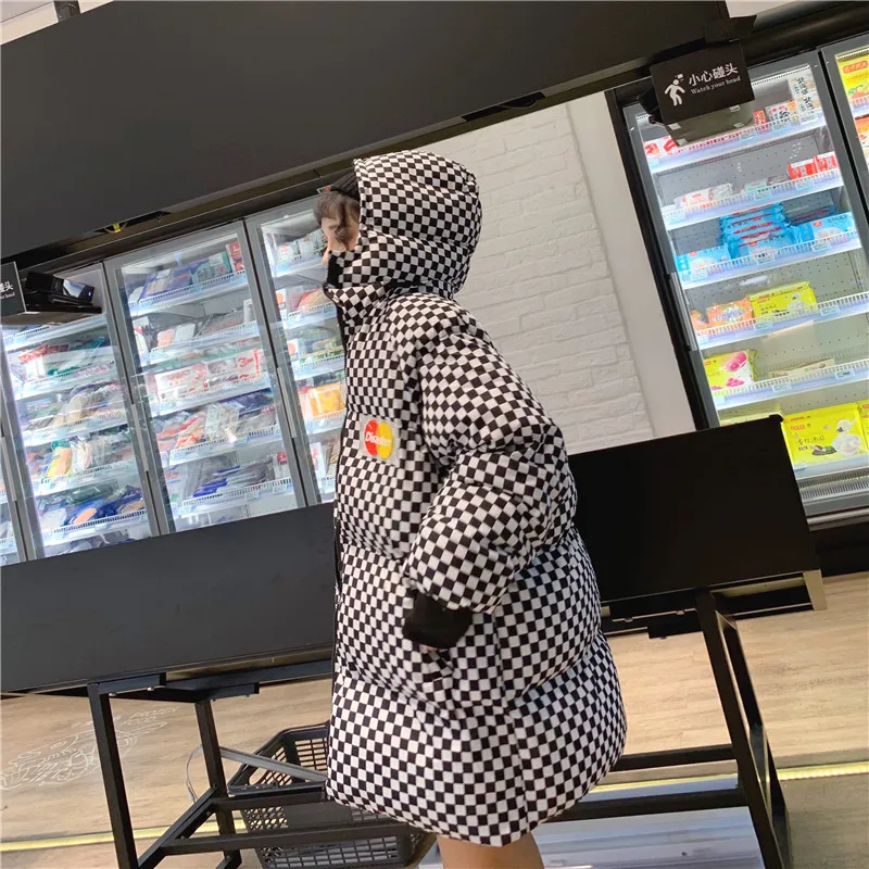 Зимняя женская куртка, модные клетчатые хлопковые пальто Harajuku, свободная стеганая верхняя одежда, теплая Женская парка с капюшоном, Толстая куртка TY288