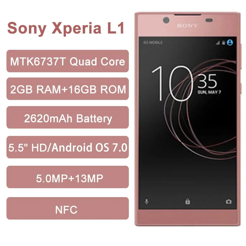 Смартфон Sony Xperia L1 4G android 7,0 5," IPS MTK6737T четырехъядерный 2 Гб ОЗУ 16 Гб ПЗУ 2620 мАч 13 м+ 5 Мп NFC мобильные телефоны