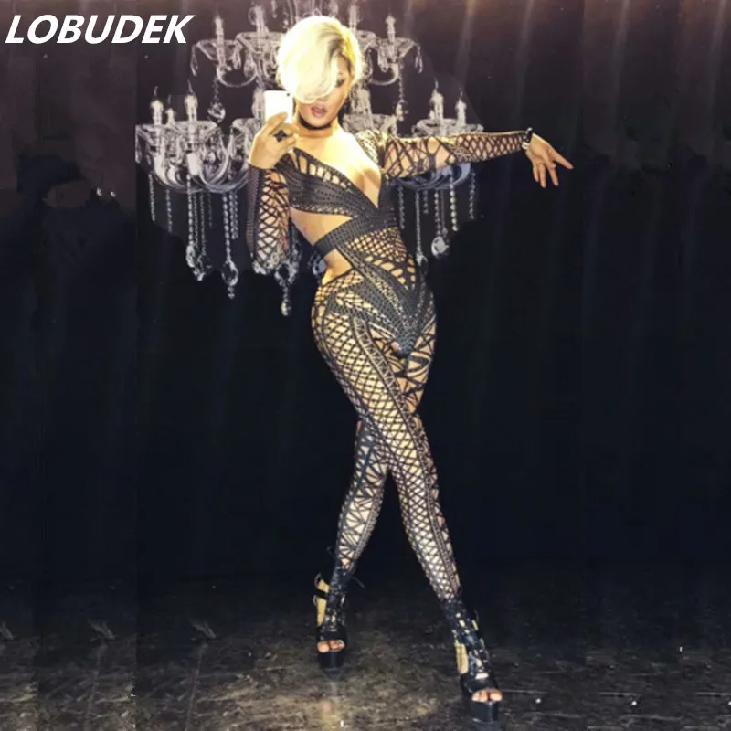 female costume Novelty Rompers costume Shining stone black crystal Sexy  jumpsuit  stage wear Diamond star performance party