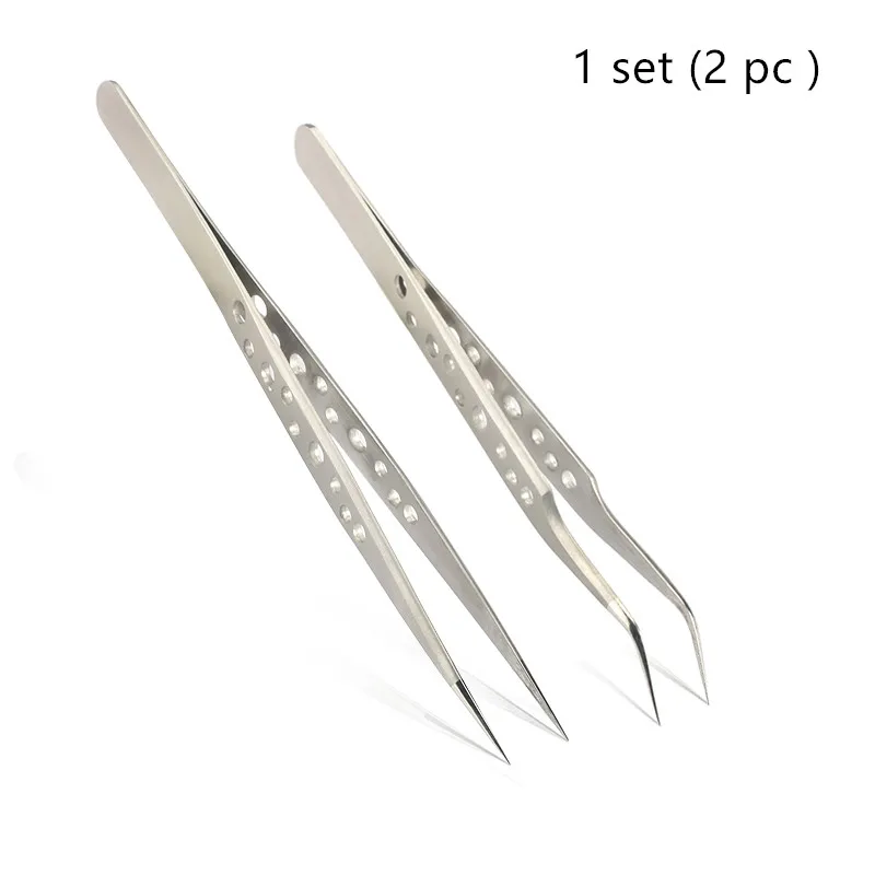 1 set (2 pc ) Silver 1 шт. Пинцет для ресниц из нержавеющей стали сверхжесткие пинцеты высокоточные антистатические пинцеты для наращивания ресниц - Color: 1 set (2 pc ) Silver