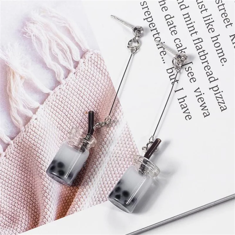 2019 Japanese Korean Harajuku style creative peraonality pearl milk tea long dangle glass earrings for women jewelry accessories | Украшения