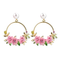 fashion imitation pearl hollow round circle drop earrings lovely resin floral drop brincos for women wedding bridal jewelry