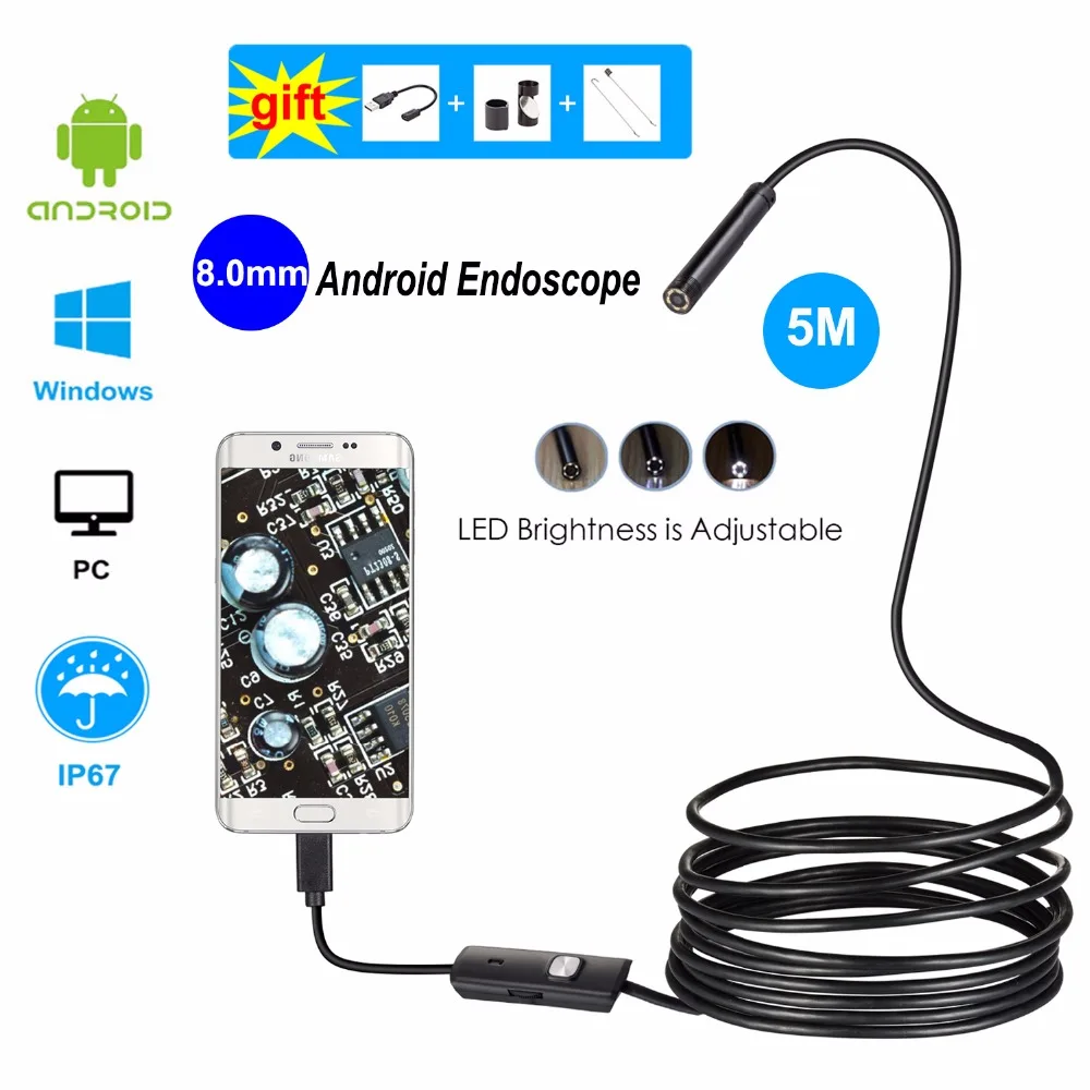 Эндоскоп 8 мм 2в1 ПК Android камера и 7 черный Мини USB Водонепроницаемый Змеиный