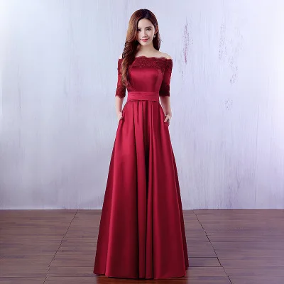 

Vestido De Festa boat Neck Half SleeveSatin Appliques Red and cheap Bridesmaid Dresses Women Formal Party Gowns In Stock