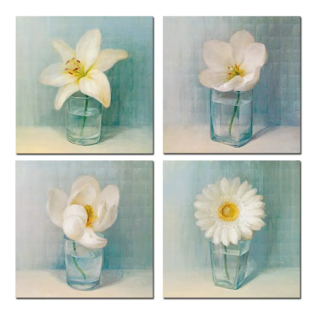 

4 Panel Vintage Flower Canvas Wall Art White Lily Daisy Flower Vase Picture Giclee Print on Canvas for Home Office Drop shipping