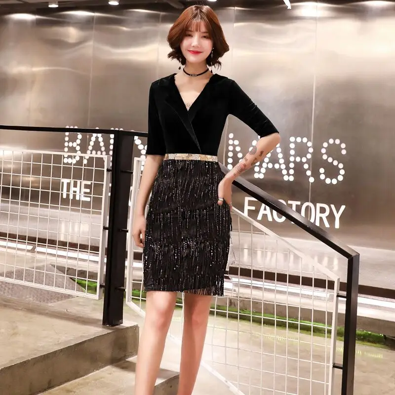 Платье с пайетками Ленточки Короткие коктейльные платья Vestido De Soiree V образным вырезом с коротким рукавом темно-зеленое вечернее платье для выпускного, коктейльной вечеринки платье TS1130 - Цвет: 1