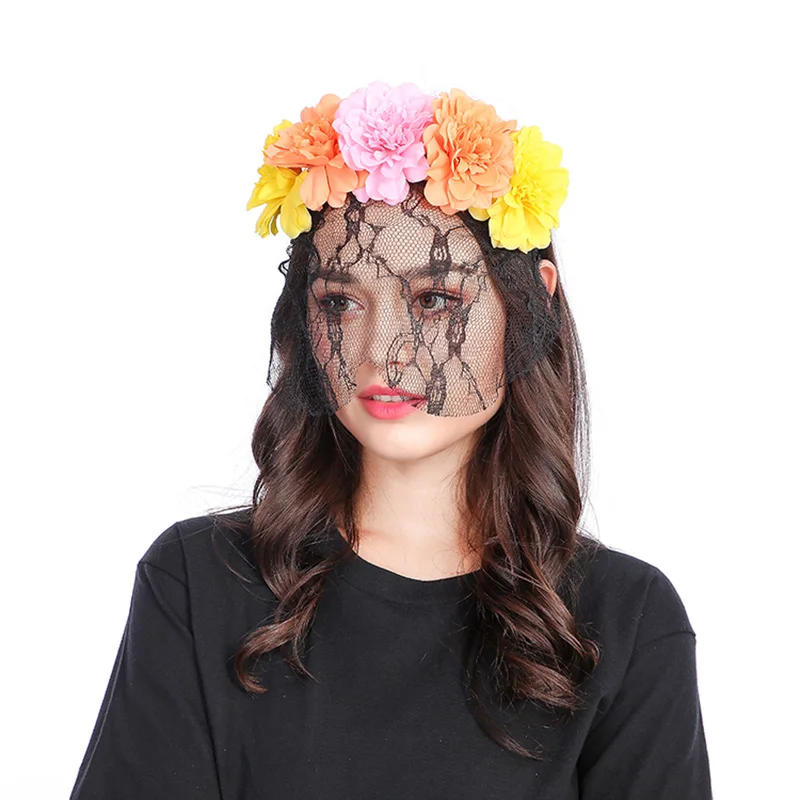 

New Fabric Flower Hairbands Party Flower Headband Sexy Lace Veil Hair Hoop Halloween Hair Accessories Girls Prom Bandeau Cheveux