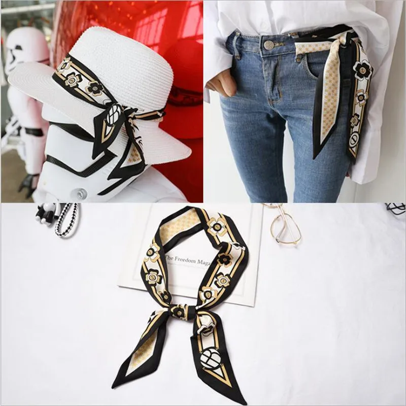 New Women Skinny Scarf Faux Silk Wrap Chain Floral Patchwork Print Bag Handle Ribbons Head Tie Band Neckerchief Scarves |
