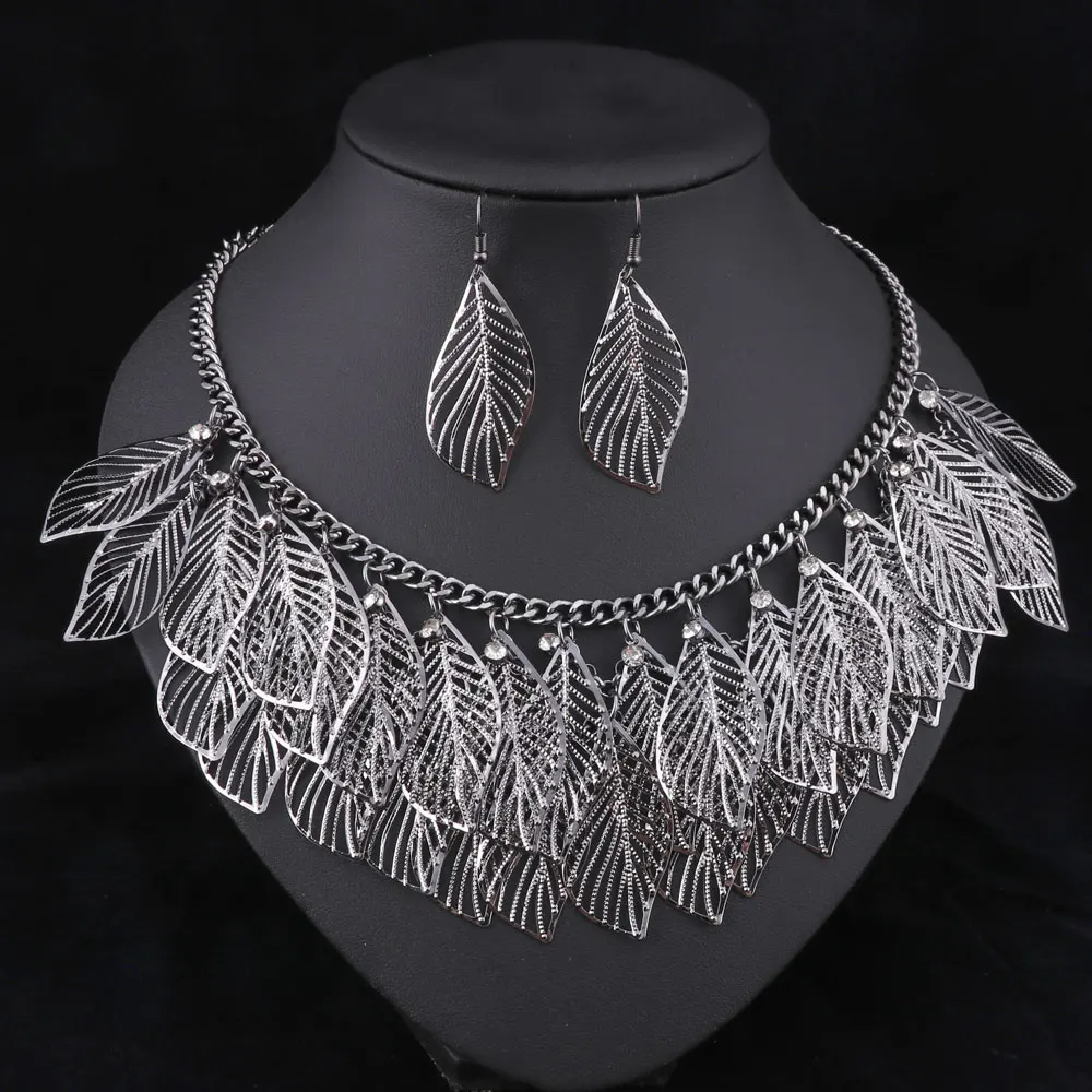 Эффектные наборы Колье винтажные полые многослойные ожерелья с листьями и