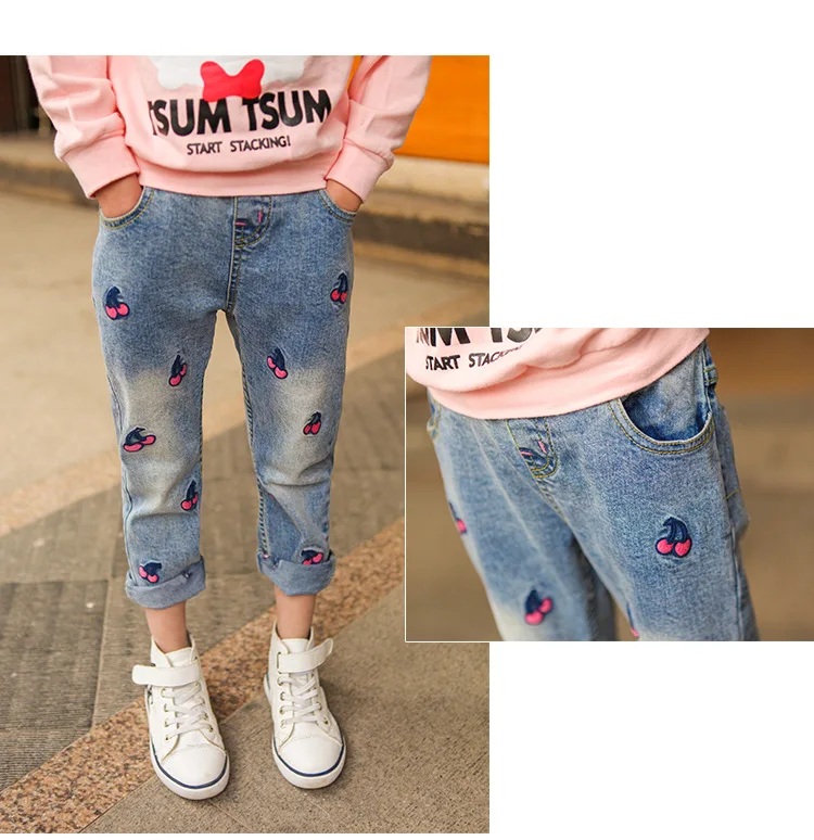 2017 New Brand Spring Slim Jeans Girls Cherry Ricamo Casual Pants for Girl pencil Denim pants Lovely Long Trousers |