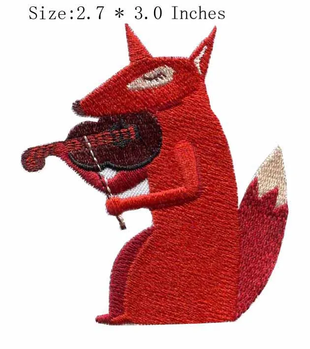 

The fox to play the violin 2.7"wide embroidery for laborious/red animal/music