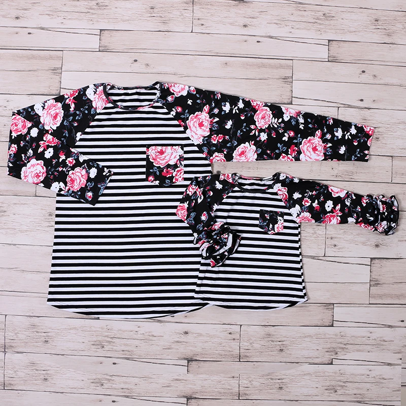 2017 Облегающая рубашка Raglans Цветочная с оборками для мамы и меня детей взрослых