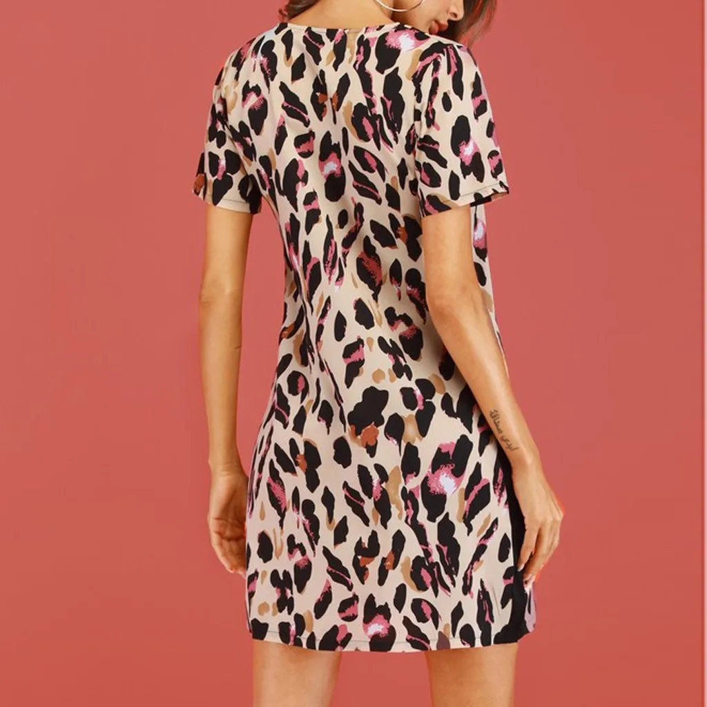 Женское Повседневное платье с коротким рукавом леопардовое повседневное мини