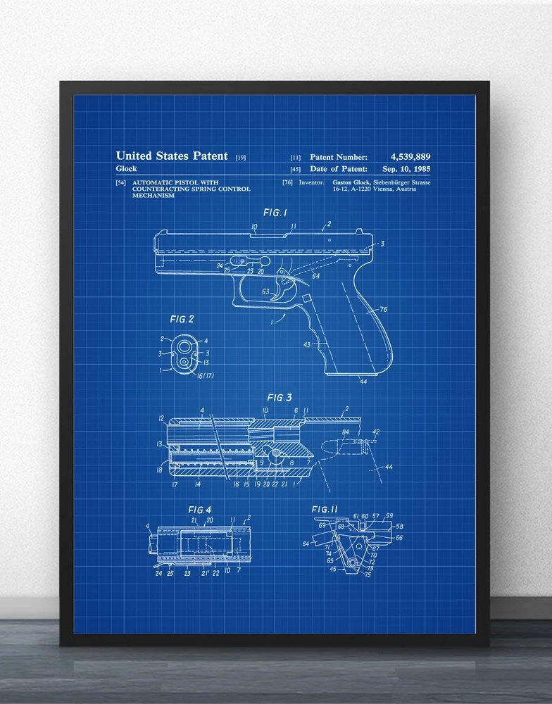 Пистолет Glock патент 1985 схема Настенная картина Настенный декор холст печать на