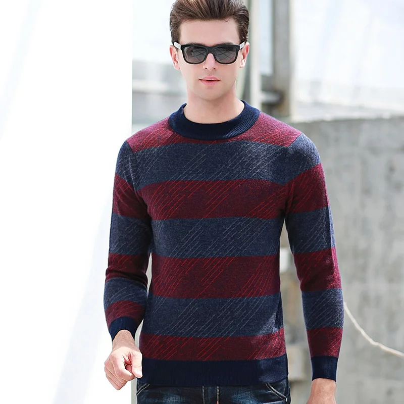 MACROSE 100% шерсть Мужской пуловер с круглым вырезом Саржевые Полосатые свитера