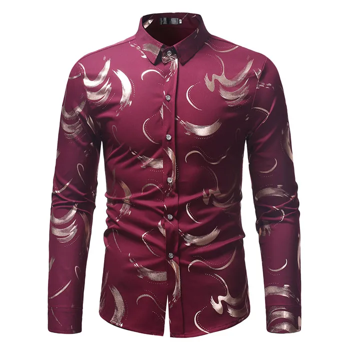 CS50 wine red Розы Bronzing белая рубашка для мужчин Роскошные Золотая фольга с принтом с длинным рукавом s повседневные платья рубашки для мальчиков Camisa Masculina - Цвет: CS50 wine red