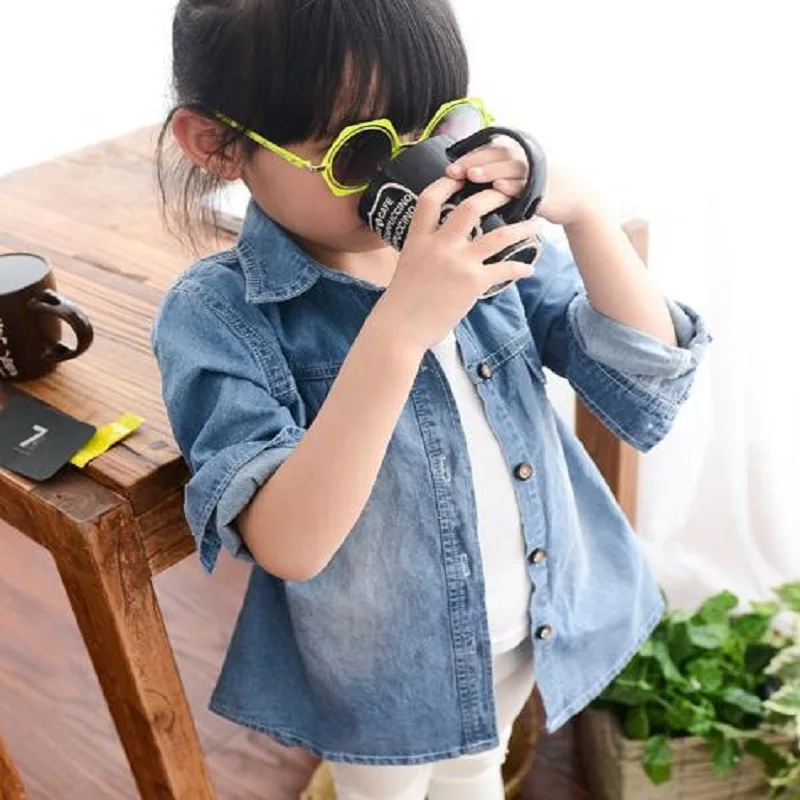 Блузка-футболка для девочек с длинными рукавами хлопок джинсовая рубашка 2017