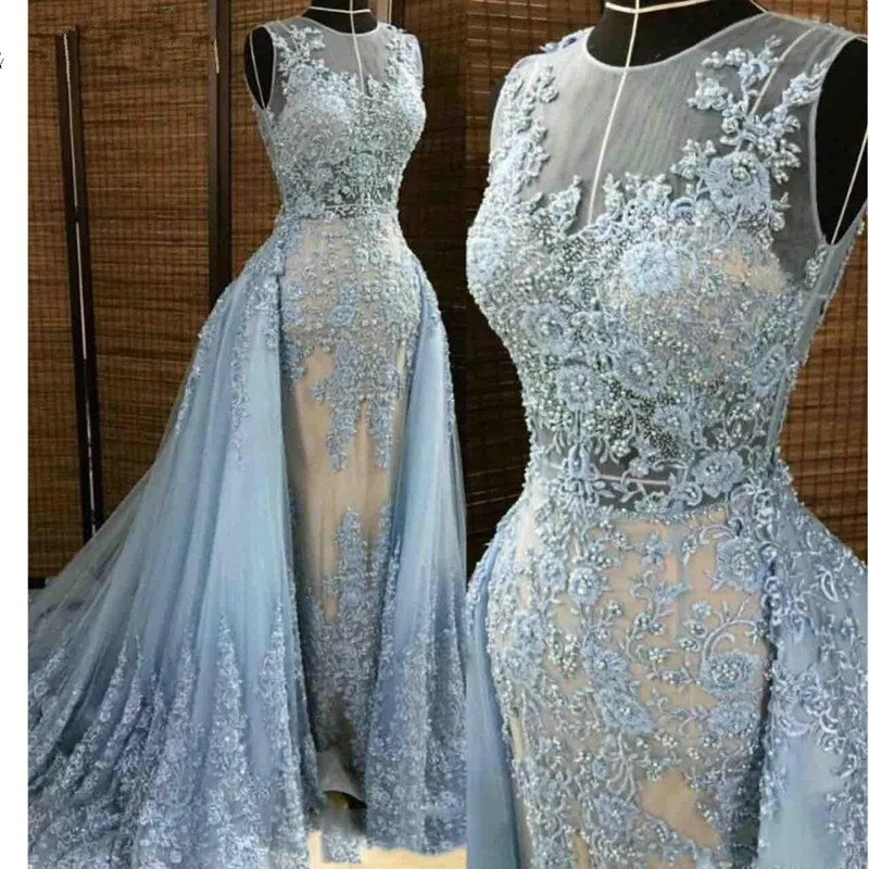 

Sky Blue Evening Dresses Mermaid Tulle Lace Beaded Real Photo Elegant Islamic Dubai Kaftan Saudi Arabic Long Evening Gown