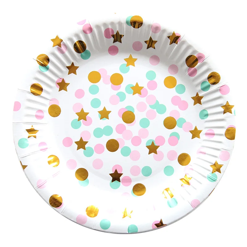 color dot plate Высококачественные одноразовые столовые приборы золотого и серебряного цвета в горошек бумажные салфетки под чашки для свадьбы, дня рождения, вечерние принадлежности, посуда для детского душа - Цвет: color dot plate
