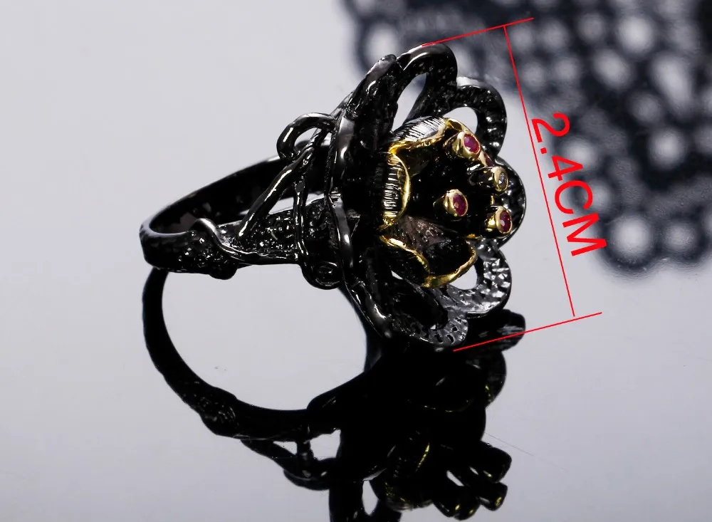 DreamCarnival 1989 Women Vintage Rings Unique Black Gold Color Lotus Flower Style Blinking Fuchsia CZ Bezel Wedding Anillos Moda
