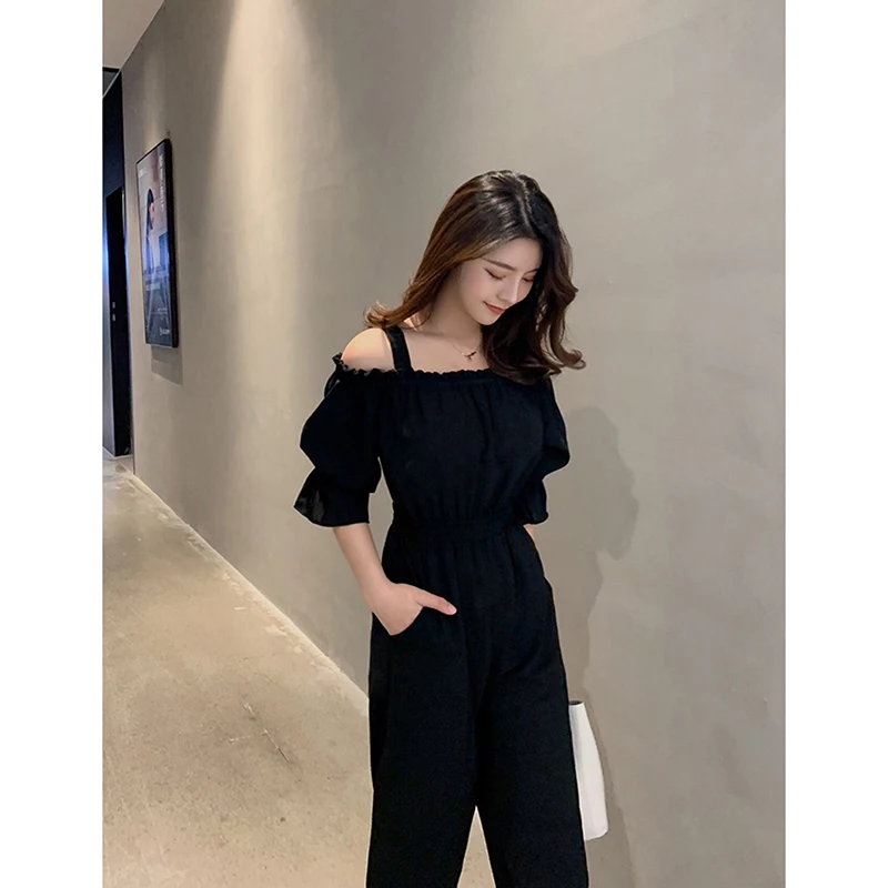 

women Summer jumpsuit Condole belt A word shoulder Chiffon loose jumpsuit straight Tall waist wide-legged Pure color jumpsuit