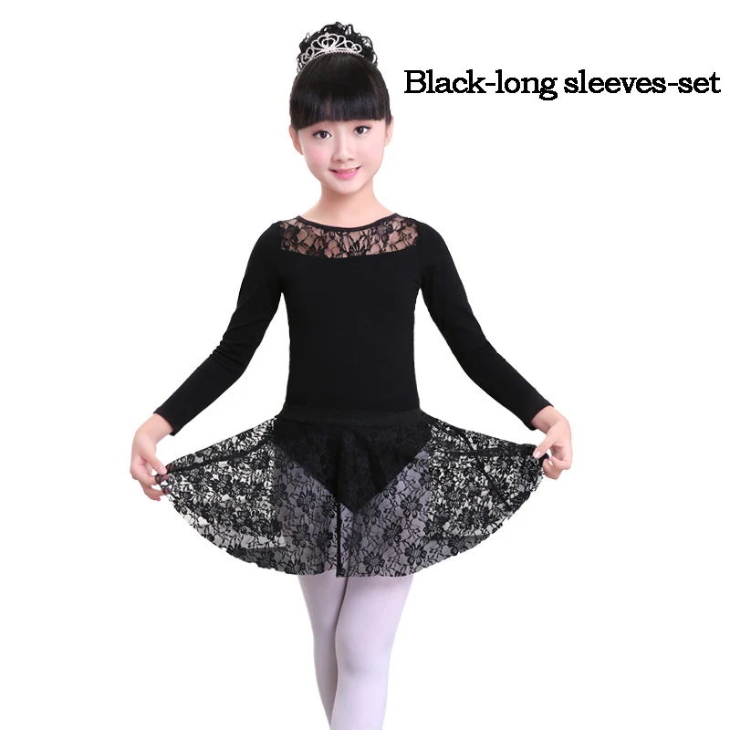 Black LongSleeve Set Модный, сексуальный, черный, красный, без рукавов/с длинными рукавами/с короткими рукавами, кружевной, танцевальный костюм для балета детский танцевальный костюм для девочек, комплект с кружевной юбкой - Цвет: Black LongSleeve Set