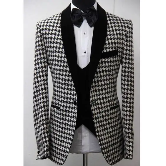 

New Design One Button Houndstooth Groom Tuxedos Shawl Lapel Groomsmen Mens Wedding Prom Suits (Jacket+Pants+Vest+Tie) NO:34