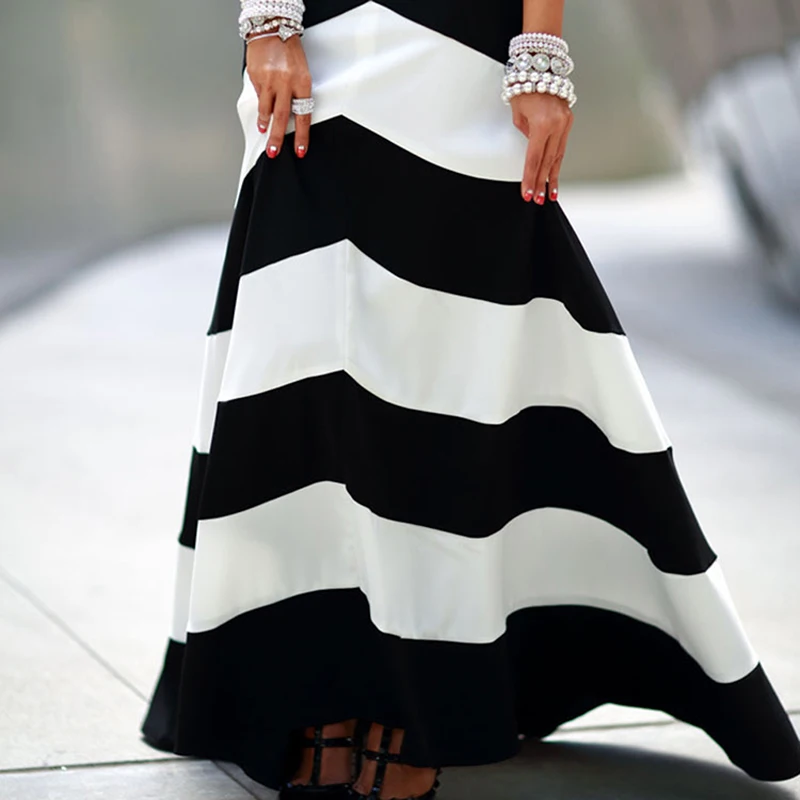 2018 Новый сезон: весна–лето Для женщин шею Мода Черный и белый Полосатое платье