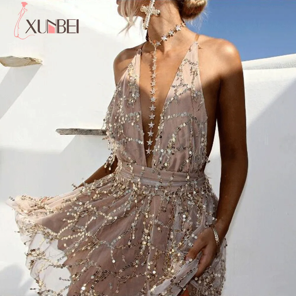 Женское платье без рукавов MisShow блестящее вечернее с глубоким треугольным