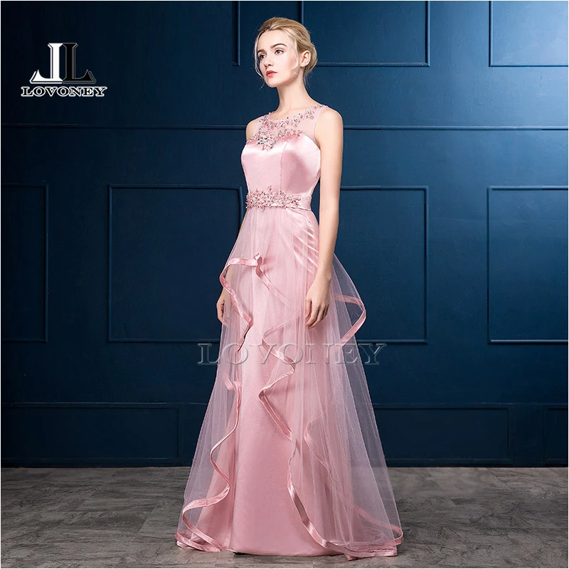LOVONEY Real Photo-Line О-Образным Вырезом Вечернее Платье Длинные Пром Платья 2017 Вечерние