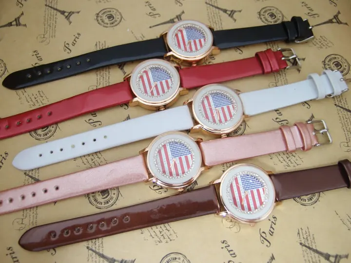 

Hot Sales USA Flag Rhinestone Leather watches women Ladies dress quartz wristwatch Relogio Feminino go048