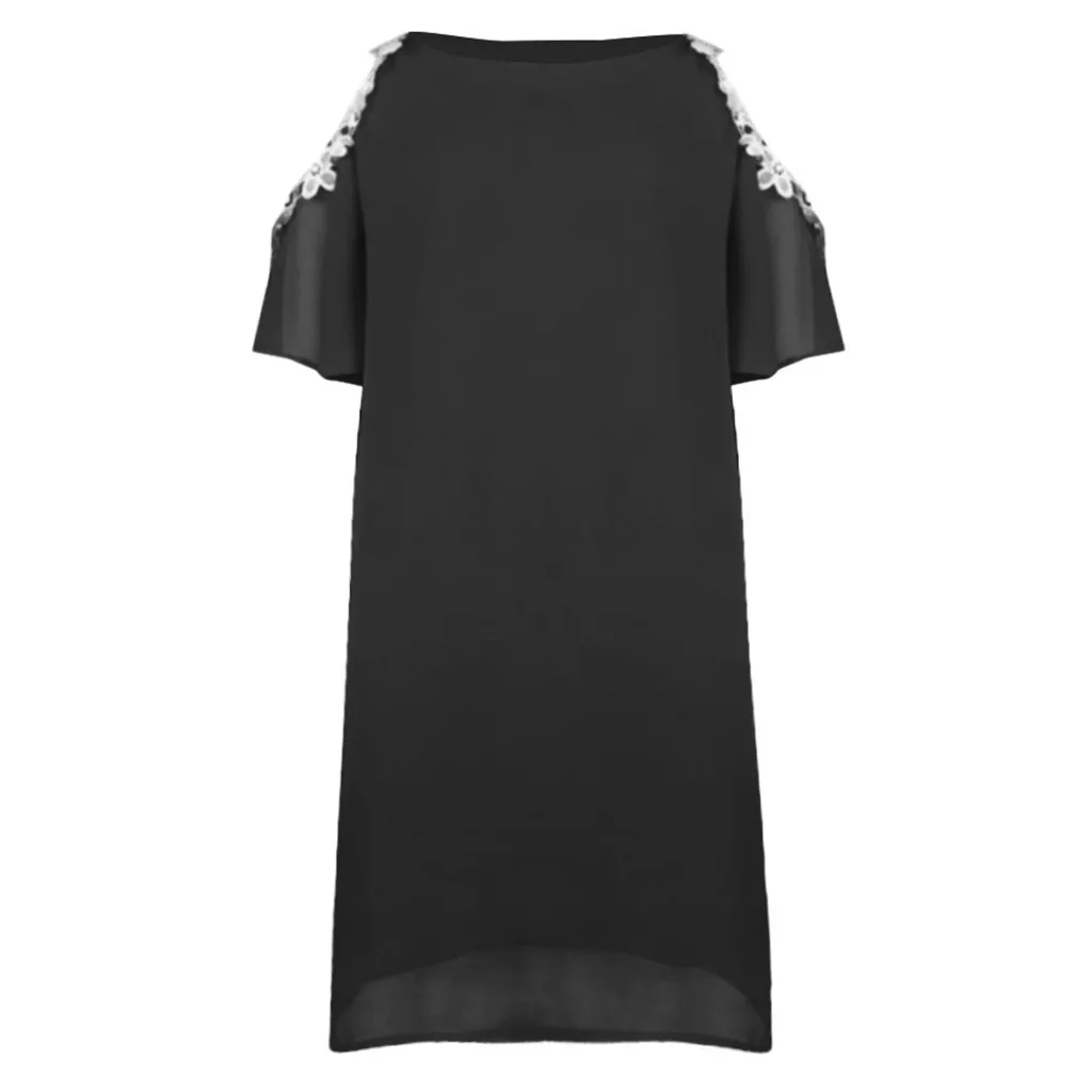 Летнее женское платье 2019 с открытыми плечами однотонное кружевное рукавом