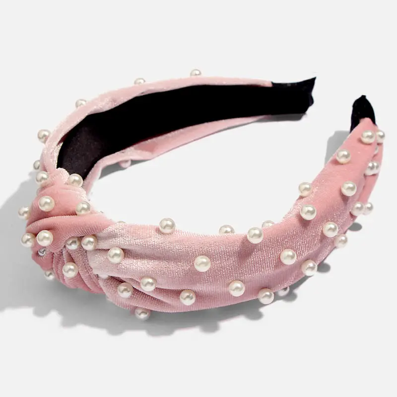 Bohemian Solid Color Soft Velvet Center Knot Wide Pearl Hairband Ladies multiple color Knotted Hairband Hair Accessories - Metal color: H0064PK
