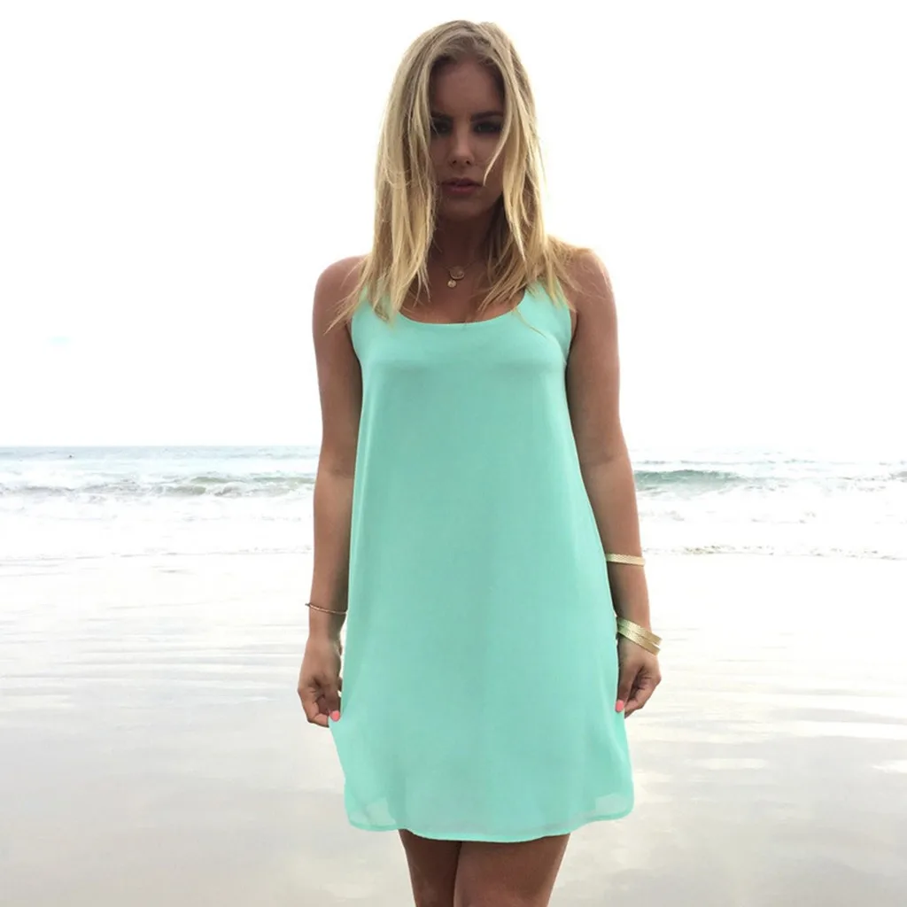 Модное летнее мини платье с бантом на спине бретельках без рукавов повседневное