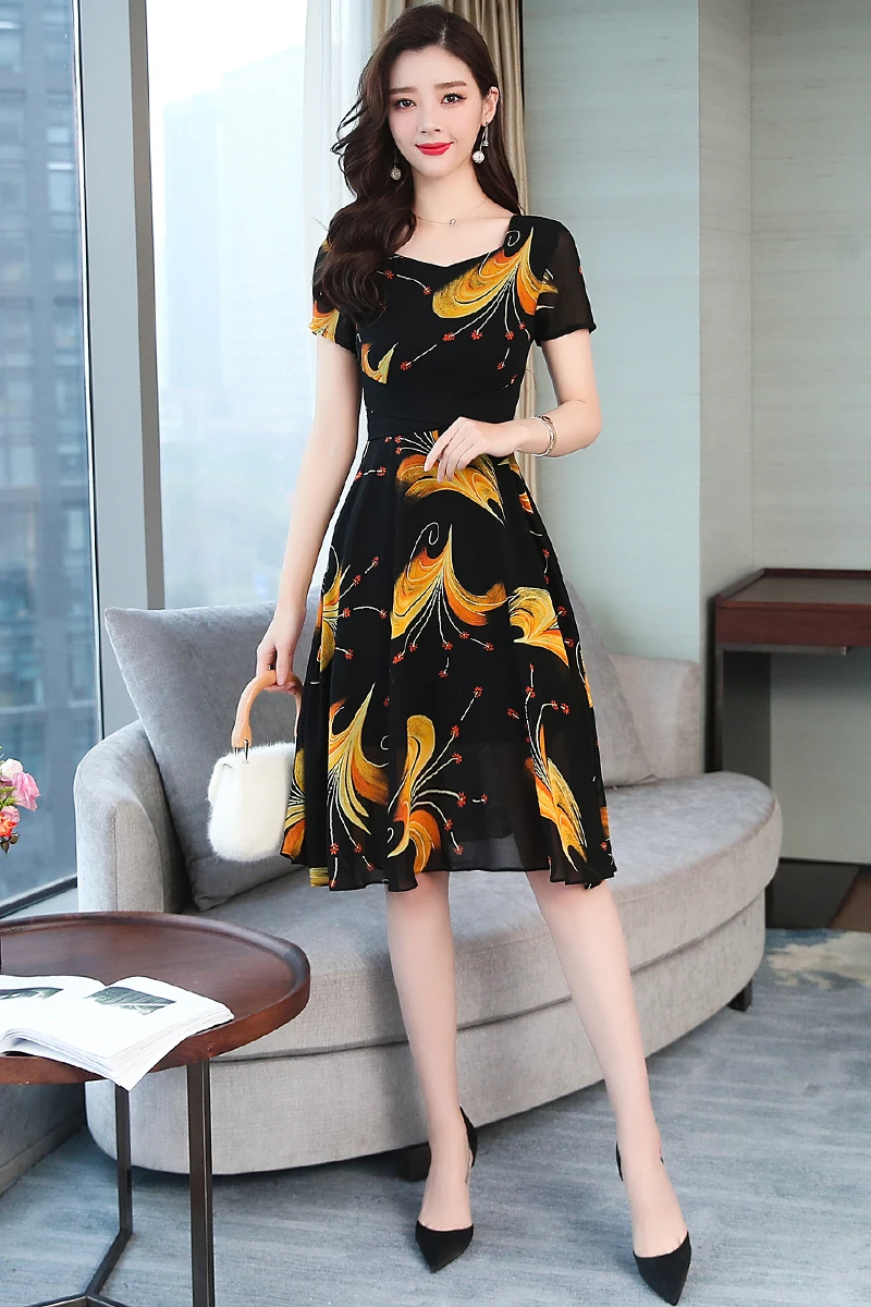 

Silk Dress Female New Summer Dress Elegant Print Chiffon Dresses V-neck Long Plus Size Vestidos