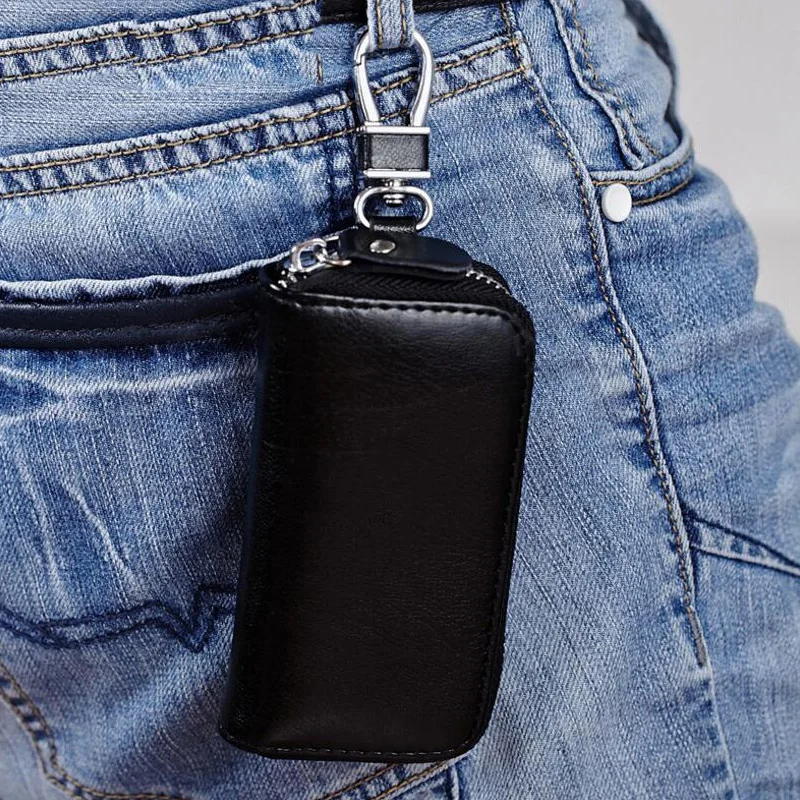

Itapkris High Quality Leather Men Housekeeper Coin Pouch Key Wallet Fashion Organization Car Key Holder With Keyring Black