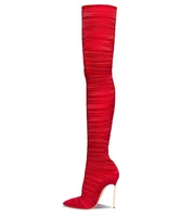 red pleated over the knee high boots leather thread cloth pointed toe thin high heels winter boots for women sock long boots