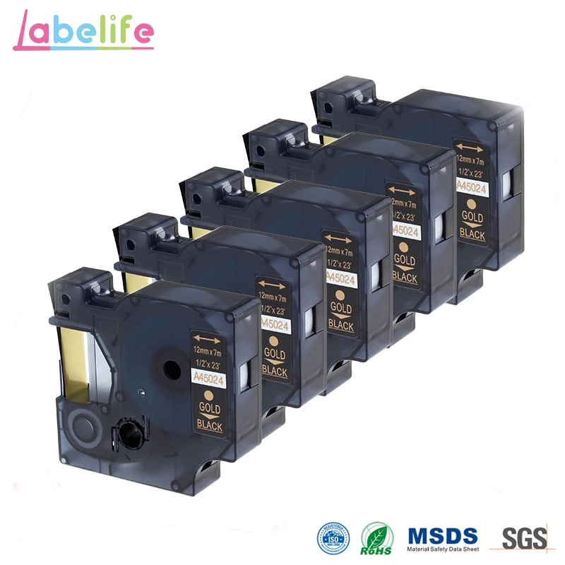 

5 Pack 45024 12mmX7m Gold on Black 1/2" Adhensive Standard Labelling Tapes for DYMO Printer LabelManager LabelPoint LabelWriter