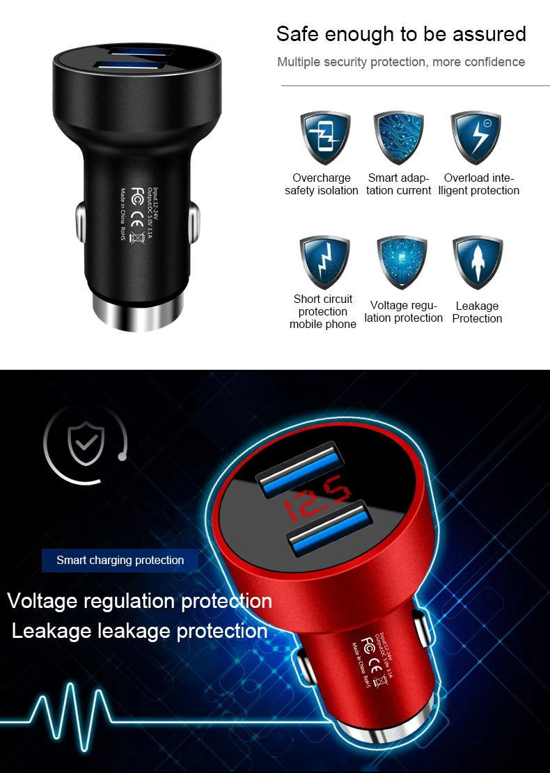 Устройство для автомобиля с двумя портами USB Зарядное устройство 5V 3.1A быстрый заряд мобильного телефона адаптер универсальный автомобильный-Зарядное устройство с светодиодный Дисплей для iPhone samsung Galaxy