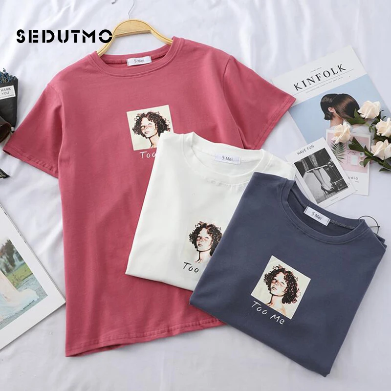 

SEDUTMO Summer Print Letter T Shirt Women Harajuku Short Sleeve Tops Slim Loose Shirts Casual O-neck Black Tee Blusas ED678