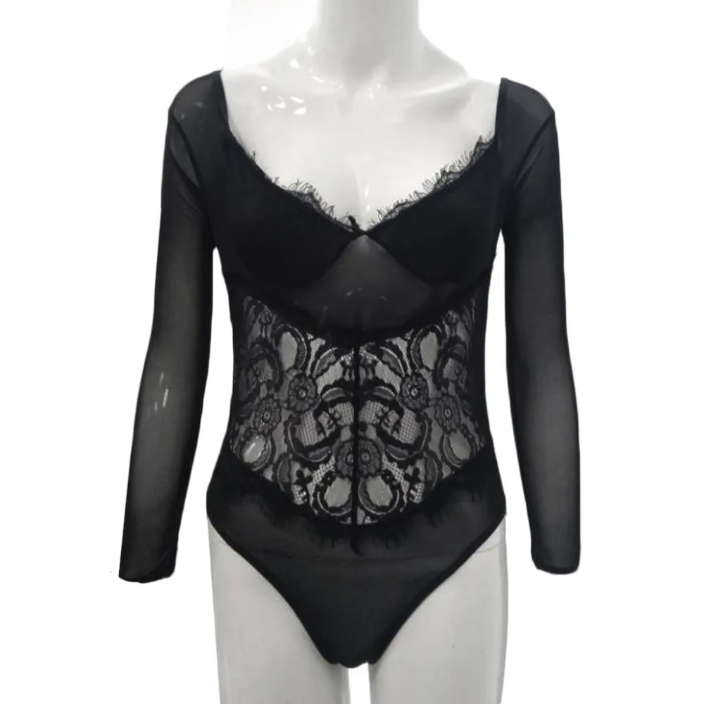 Женское Кружевное боди с длинным рукавом комфортный однотонный комбидресс из