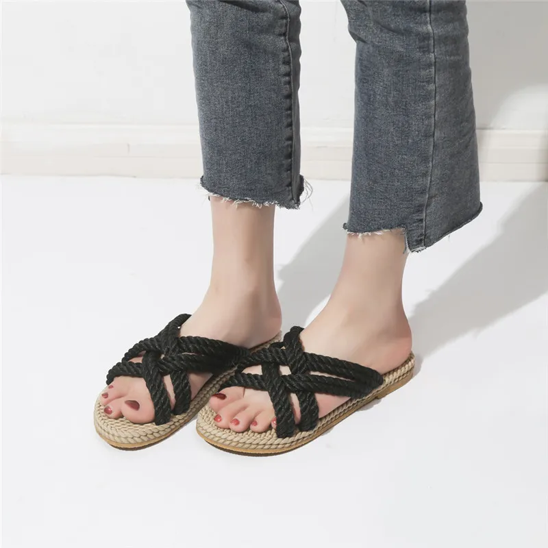 Для женщин трава тканые тапочки большой Размеры шлёпанцы для обувь на плоской