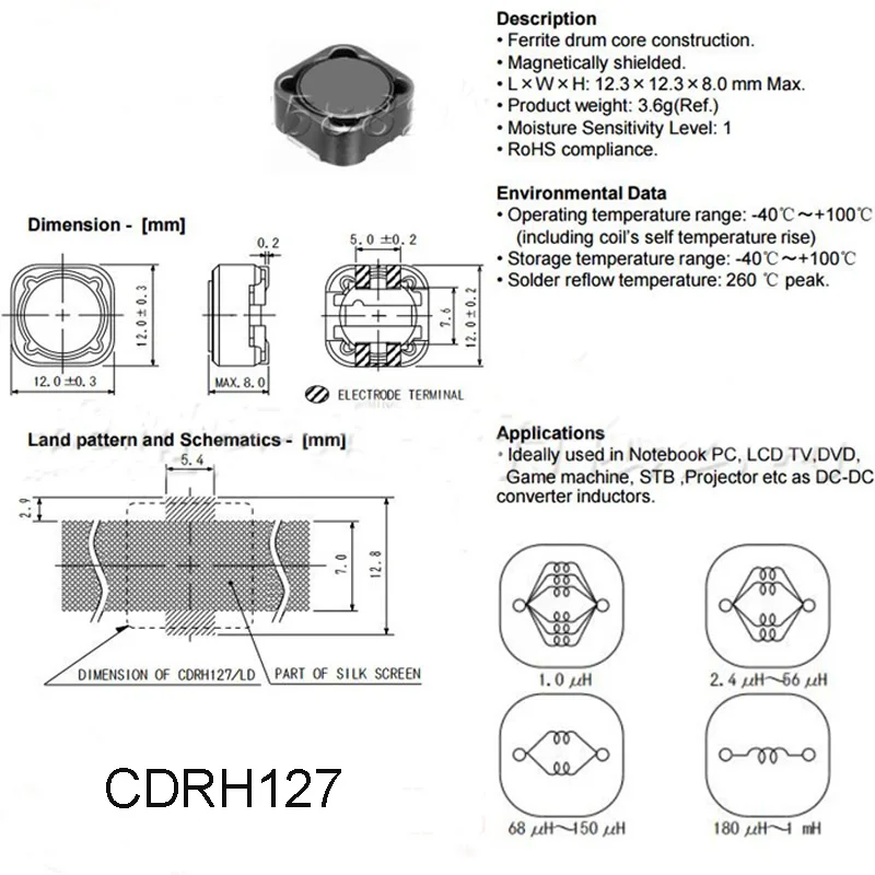10 шт. экранированная Катушка Индуктивности SMD Мощность индуктор CDRH74R CDRH104R CDRH127R 1uH 4.7uH 10uH 22uH 47uH 68uH 100uH 220uH 680uH 1mH 1.5mH