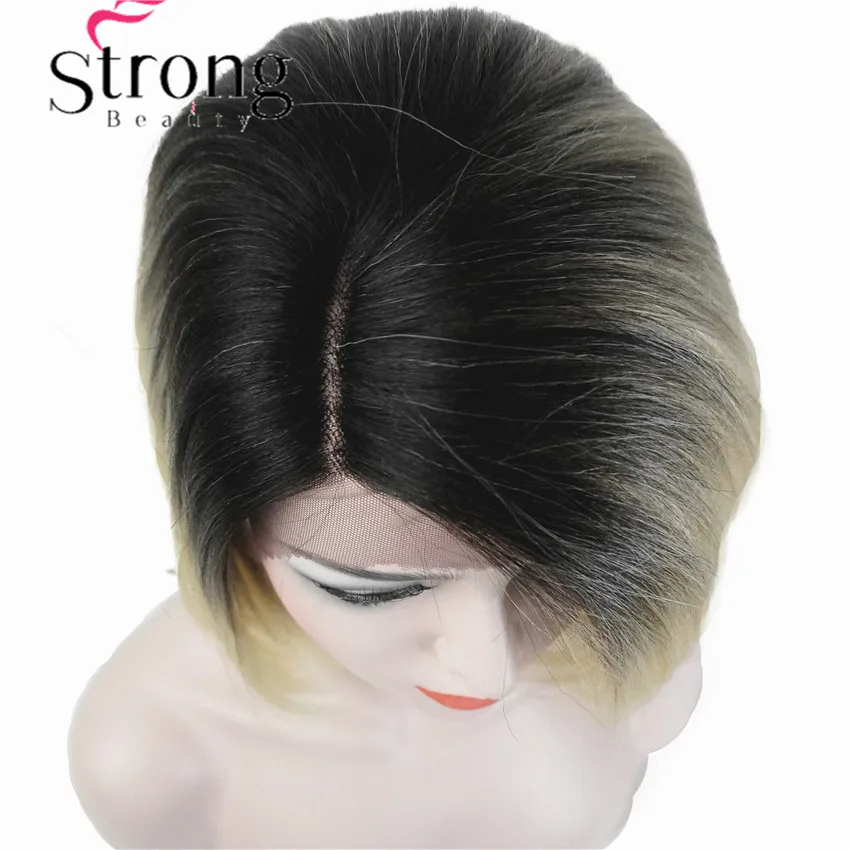 StrongBeauty боб парик на кружеве с L часть парик на шнурке Омбре блонд черный корень ручная вязка невидимые Синтетические прямые парики